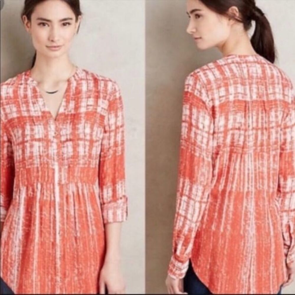 ANTHROPOLOGIE’S Maeve Calia Orange and White Abstract Button Down Blouse Size 4
